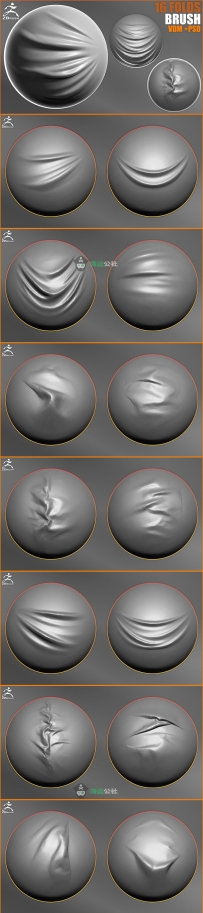 16 Folds Brush for ZBrush (VDM + PSD) 16个布料褶皱纹理