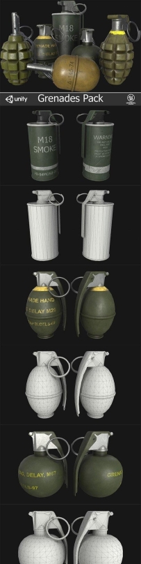 低多边形手榴弹烟雾弹模型Grenades Pack Low-poly 3D model