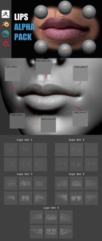 Artstation – Lips Detail Alpha Pack 嘴唇细节纹理唇部褶皱纹雕刻