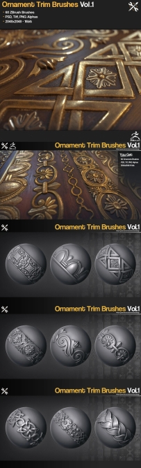 60个ZBrush装饰笔刷 ZBrush 60 Ornament Trim Brushes Vol.1